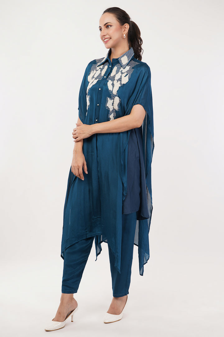 Peakok chinnon crepe kaftan pants set with white pearls