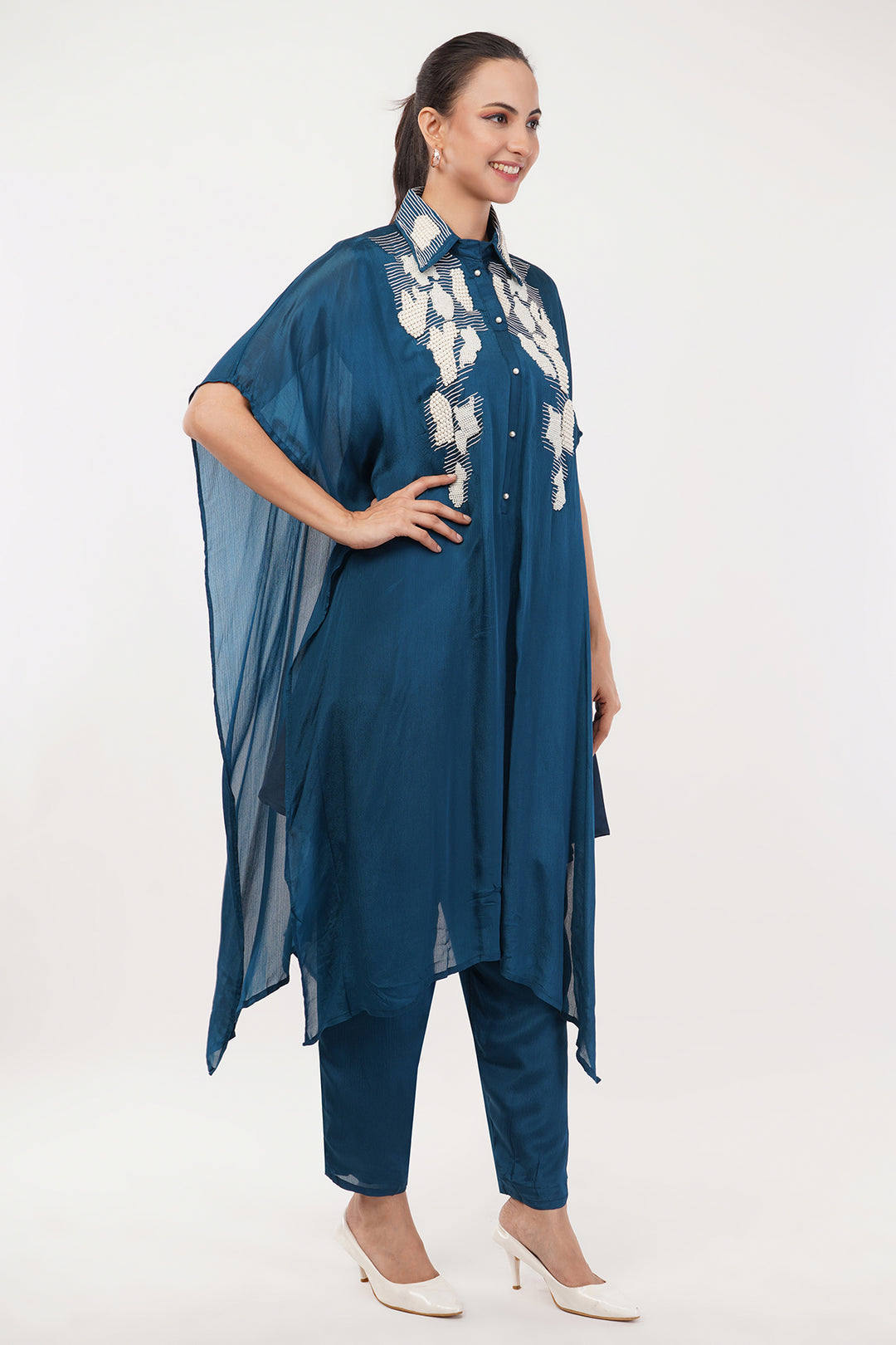 Peakok chinnon crepe kaftan pants set with white pearls