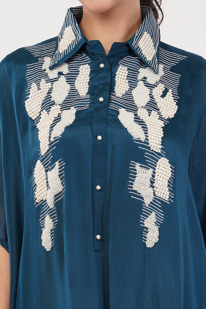 Peakok chinnon crepe kaftan pants set with white pearls