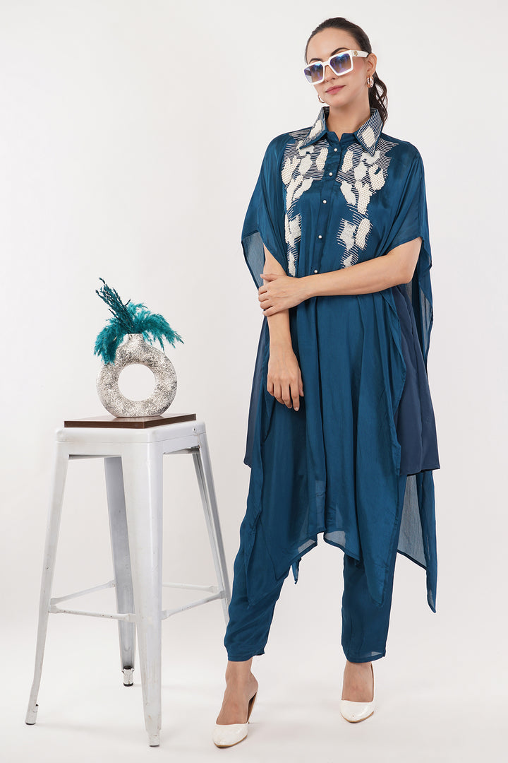 Peakok chinnon crepe kaftan pants set with white pearls