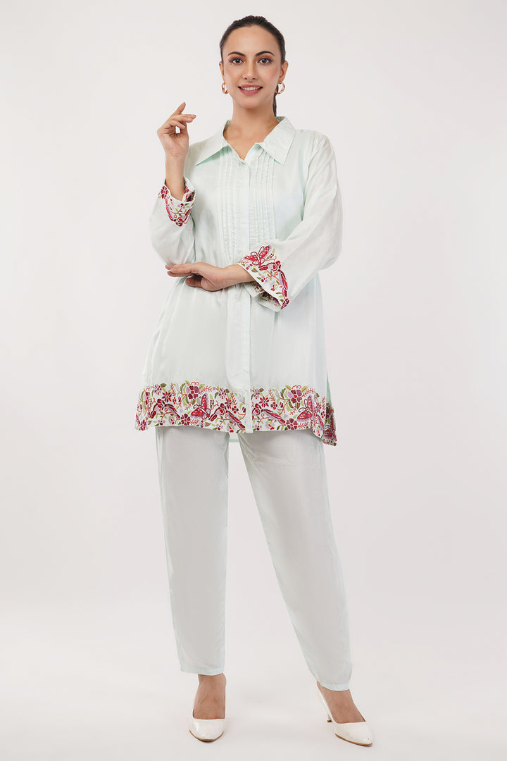 Rayon silk long top pant suit with red work in the ghera