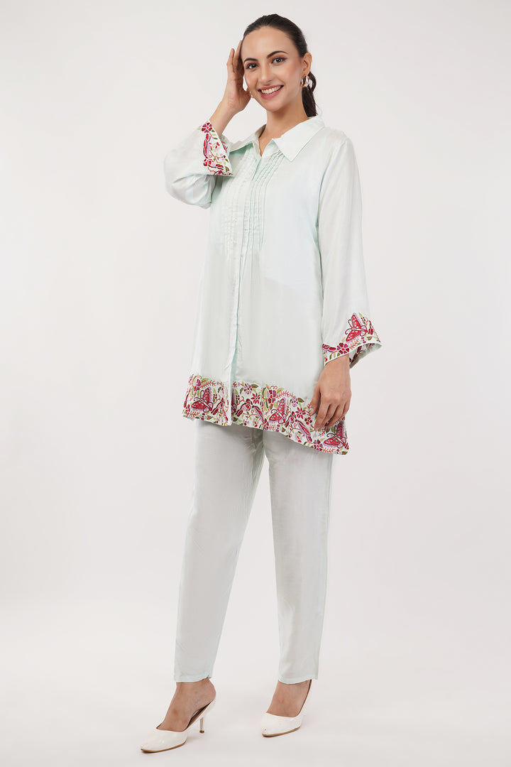Rayon silk long top pant suit with red work in the ghera