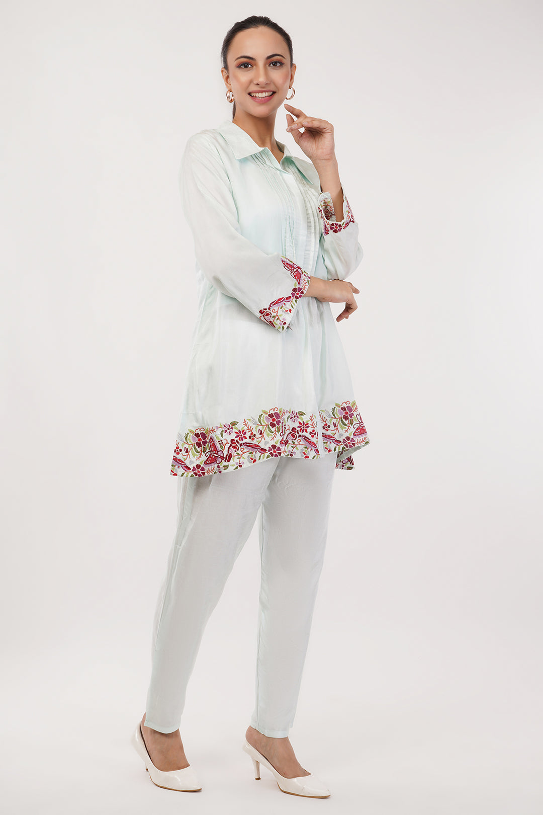 Rayon silk long top pant suit with red work in the ghera