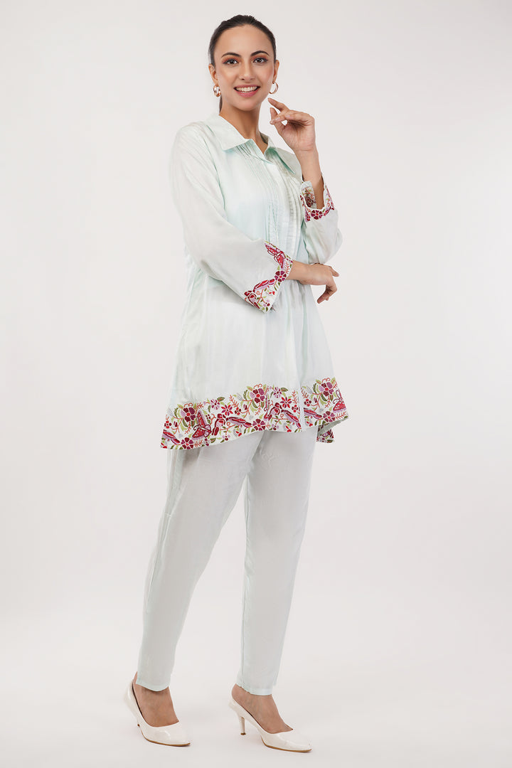 Rayon silk long top pant suit with red work in the ghera