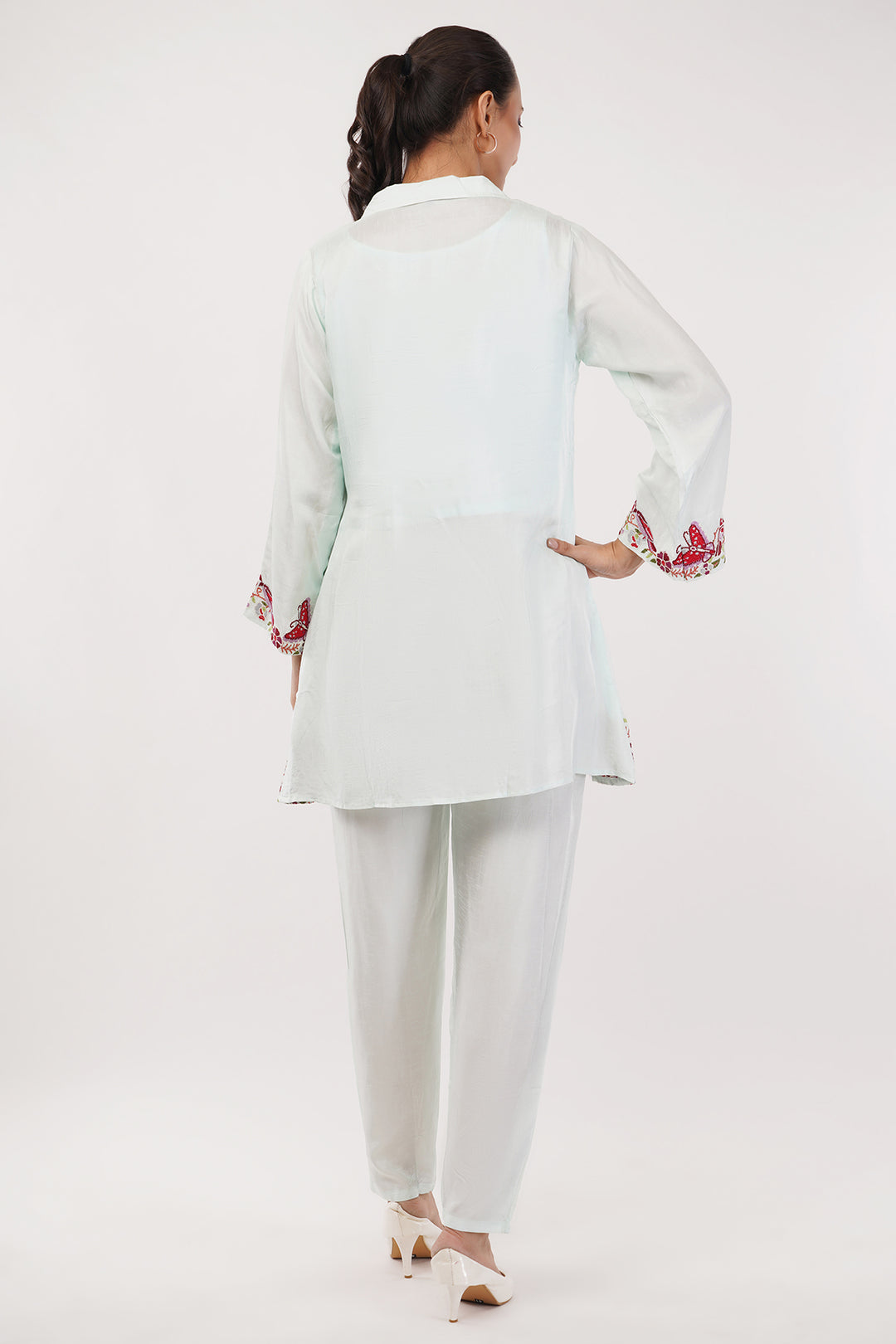Rayon silk long top pant suit with red work in the ghera