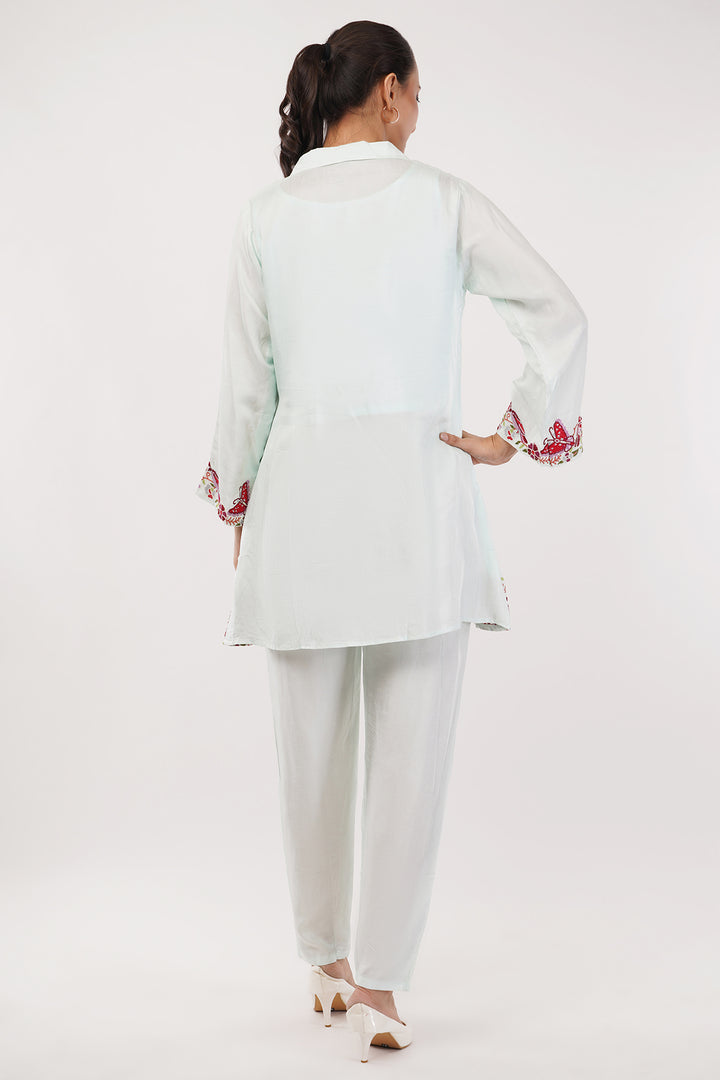Rayon silk long top pant suit with red work in the ghera