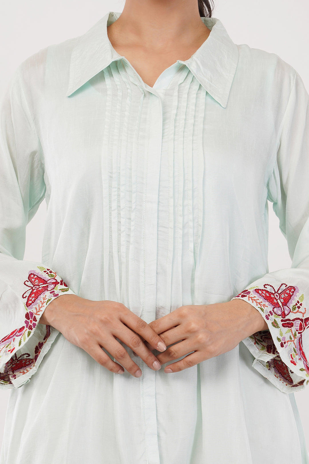 Rayon silk long top pant suit with red work in the ghera