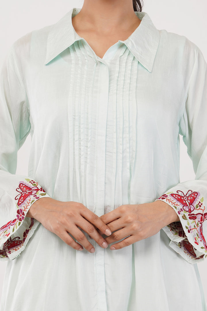 Rayon silk long top pant suit with red work in the ghera