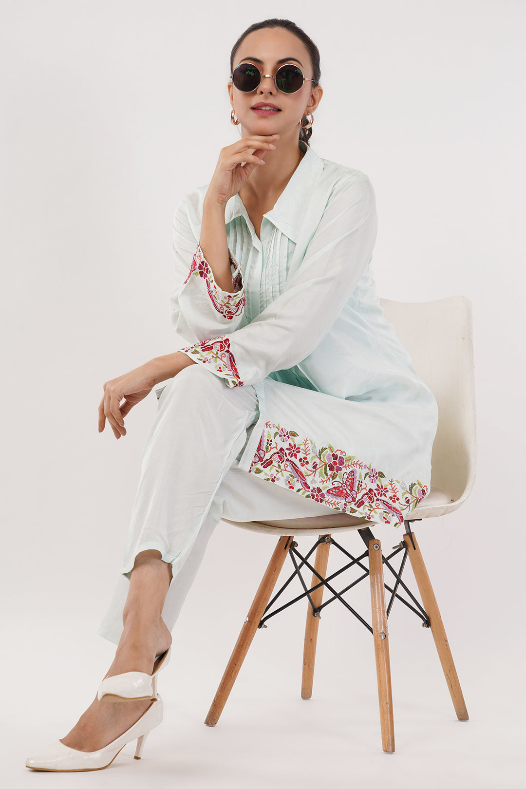 Rayon silk long top pant suit with red work in the ghera