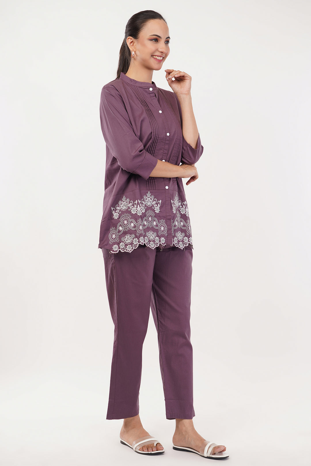 Dark lavander cord set with white embroidery
