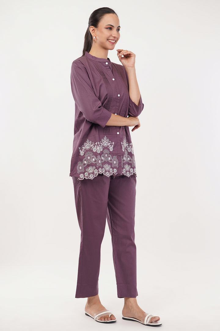Dark lavander cord set with white embroidery