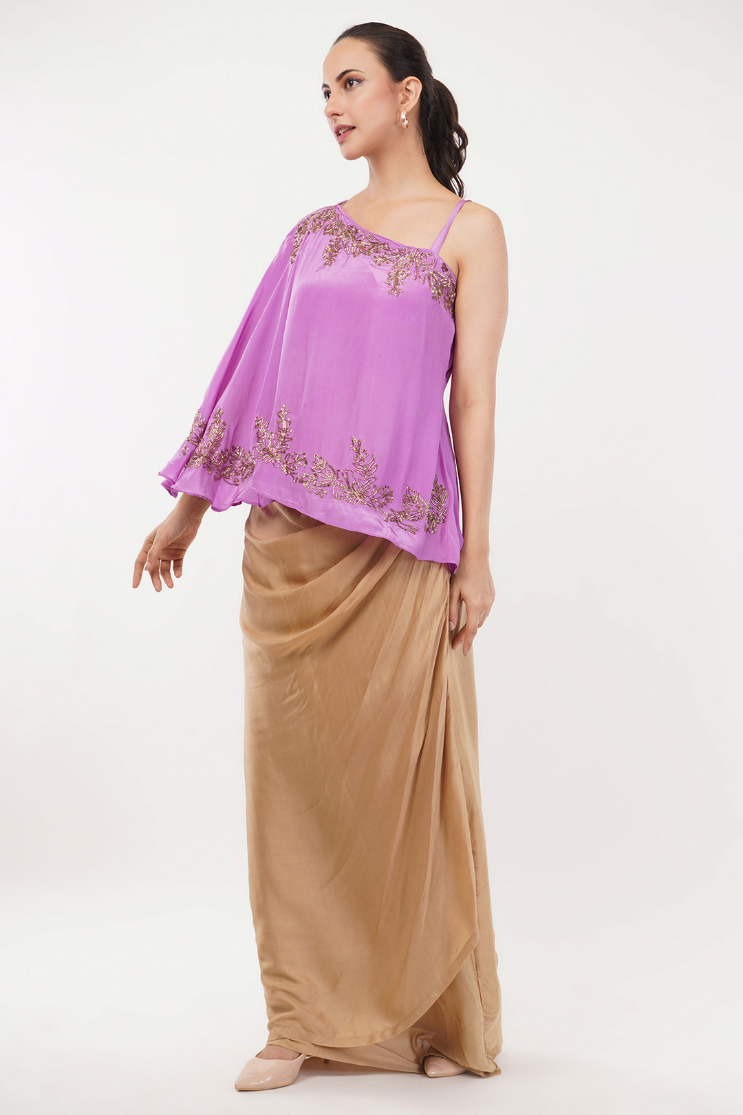 off shoulder top with drape skirt
