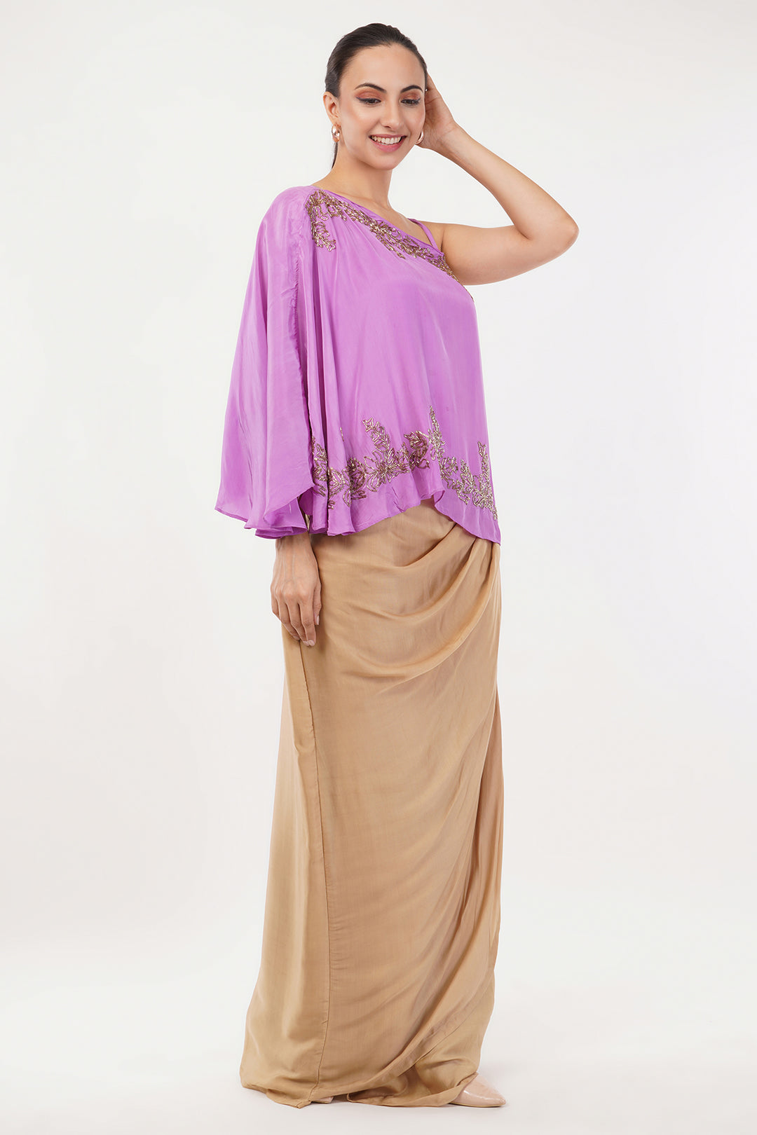 off shoulder top with drape skirt