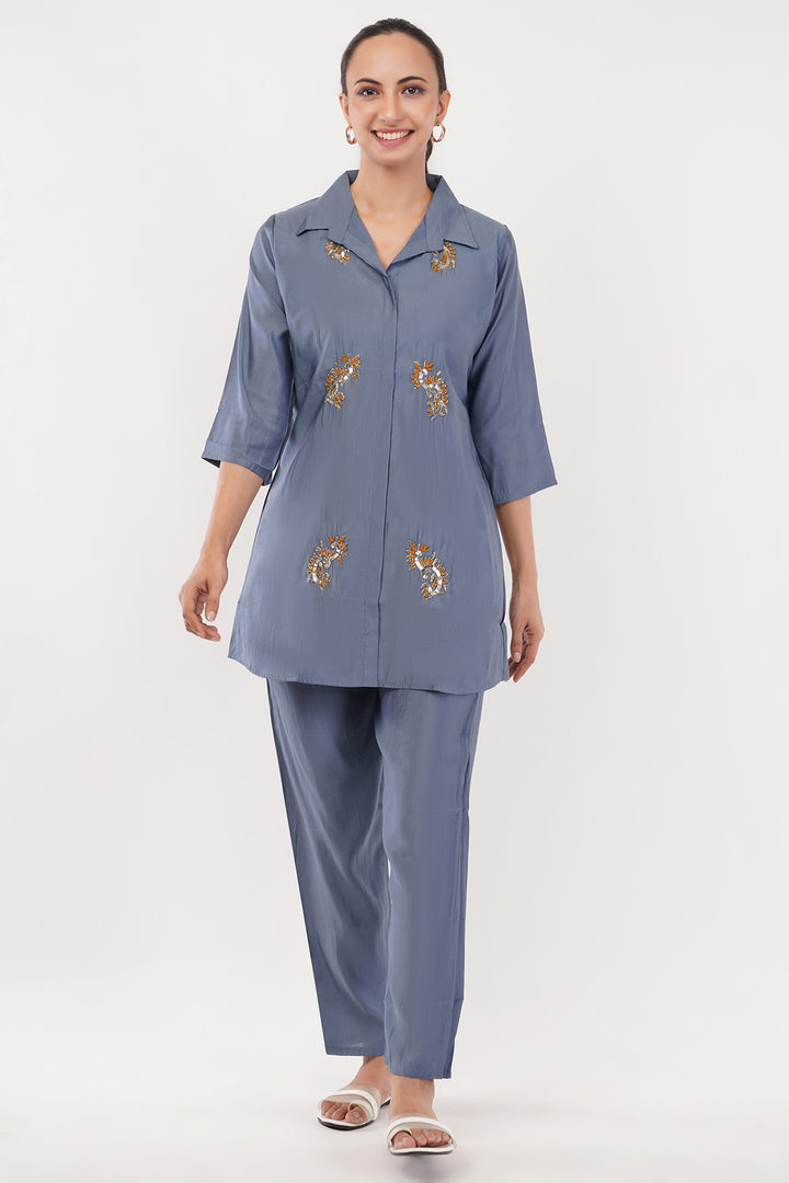 Pure cotton english blue cord set with gold musturd work