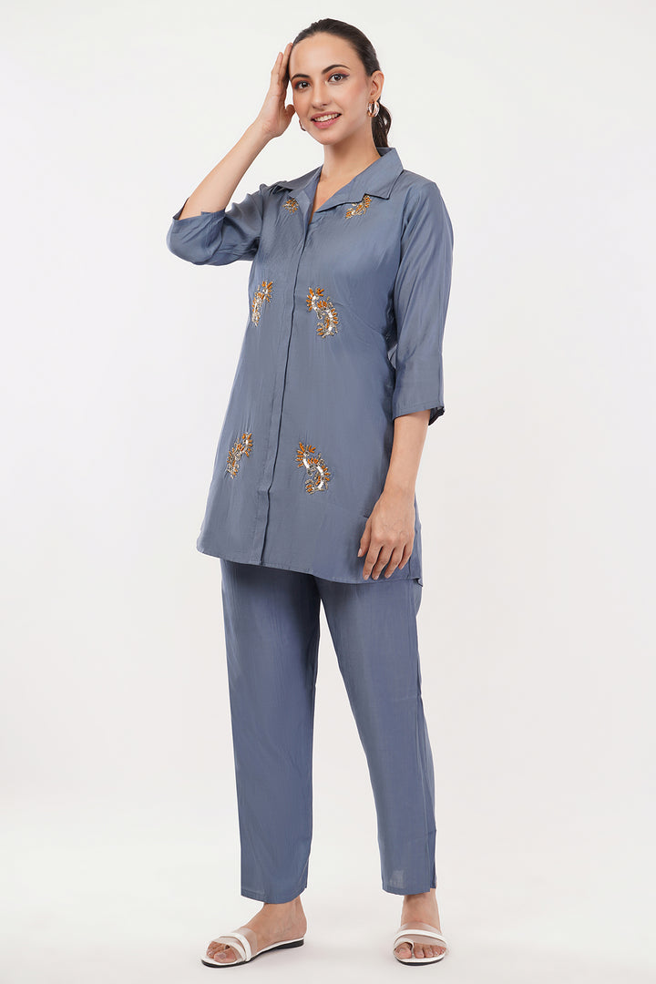 Pure cotton english blue cord set with gold musturd work