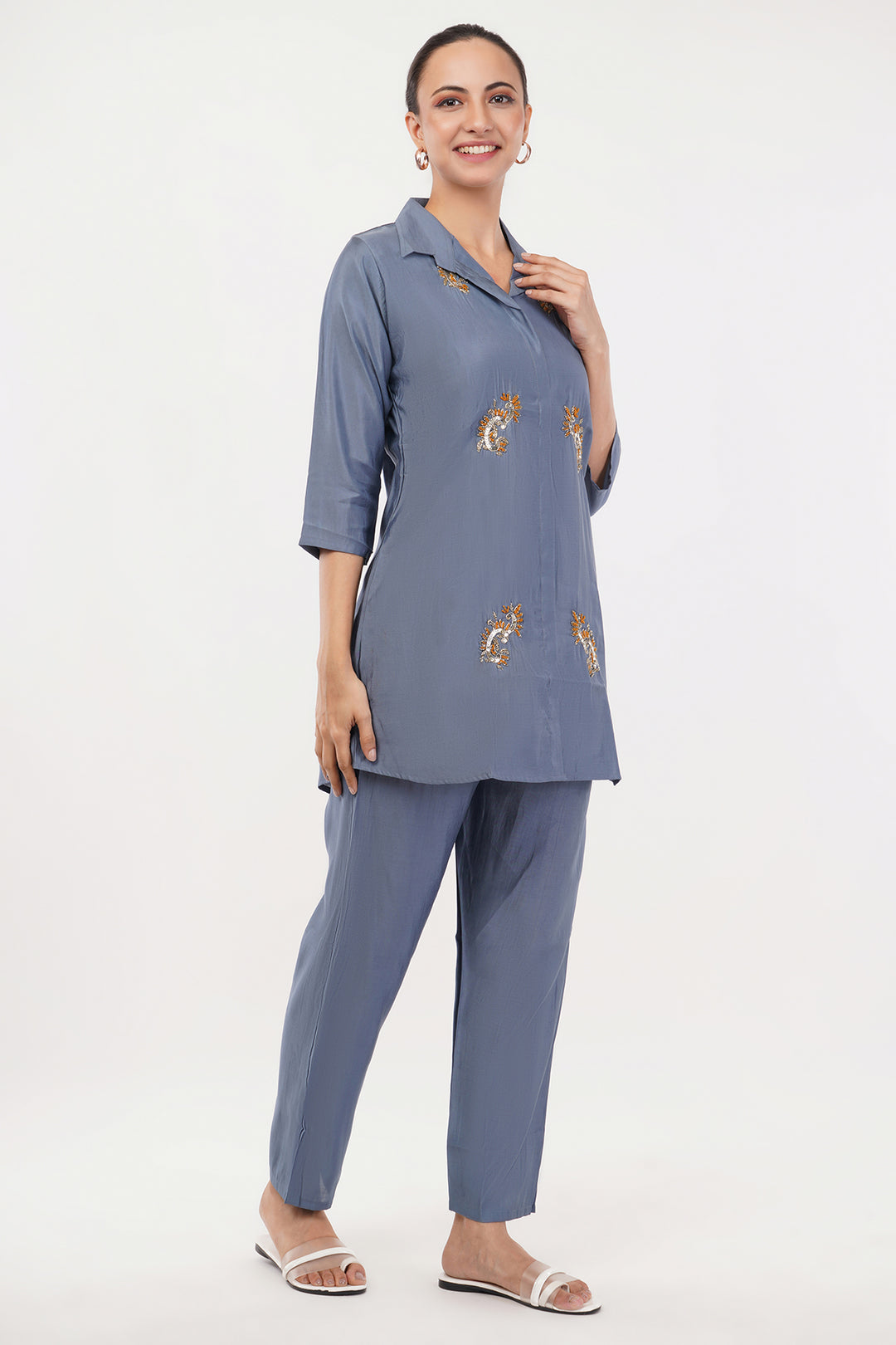 Pure cotton english blue cord set with gold musturd work