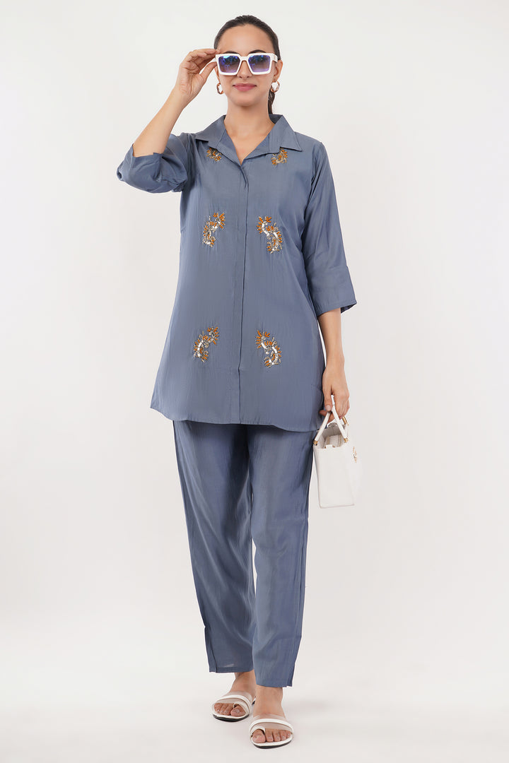 Pure cotton english blue cord set with gold musturd work