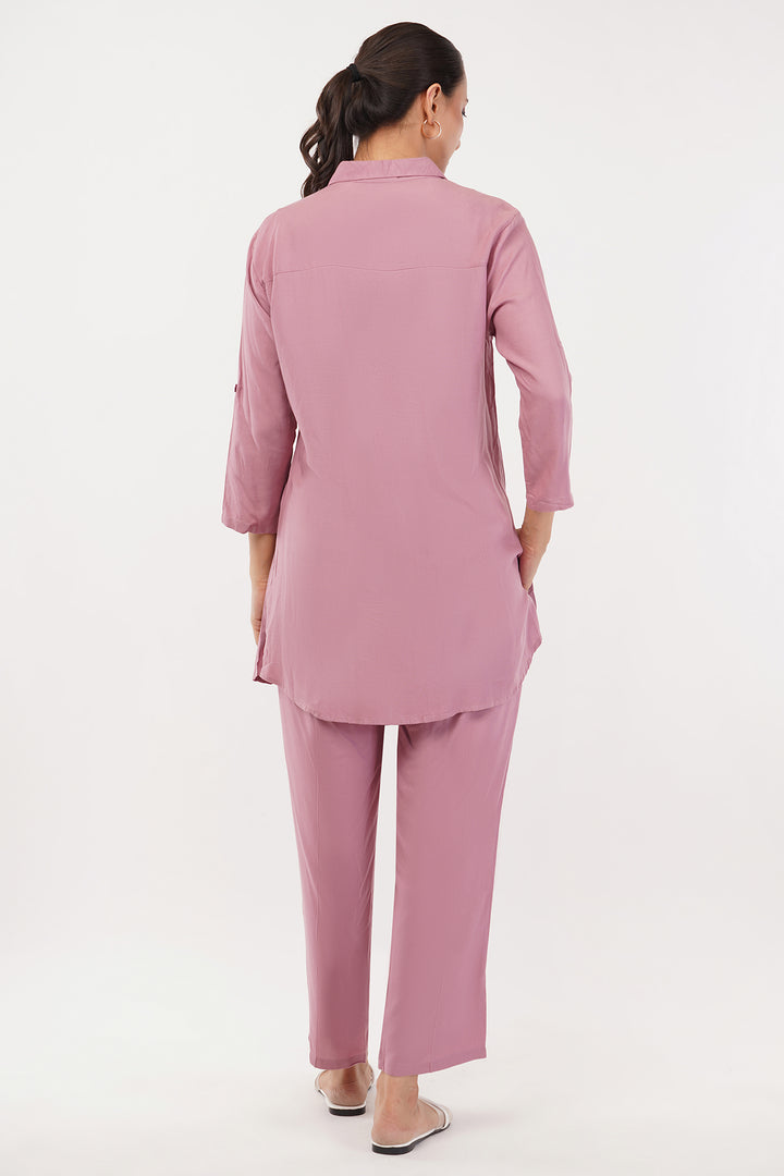 pink shirt with pants with light work