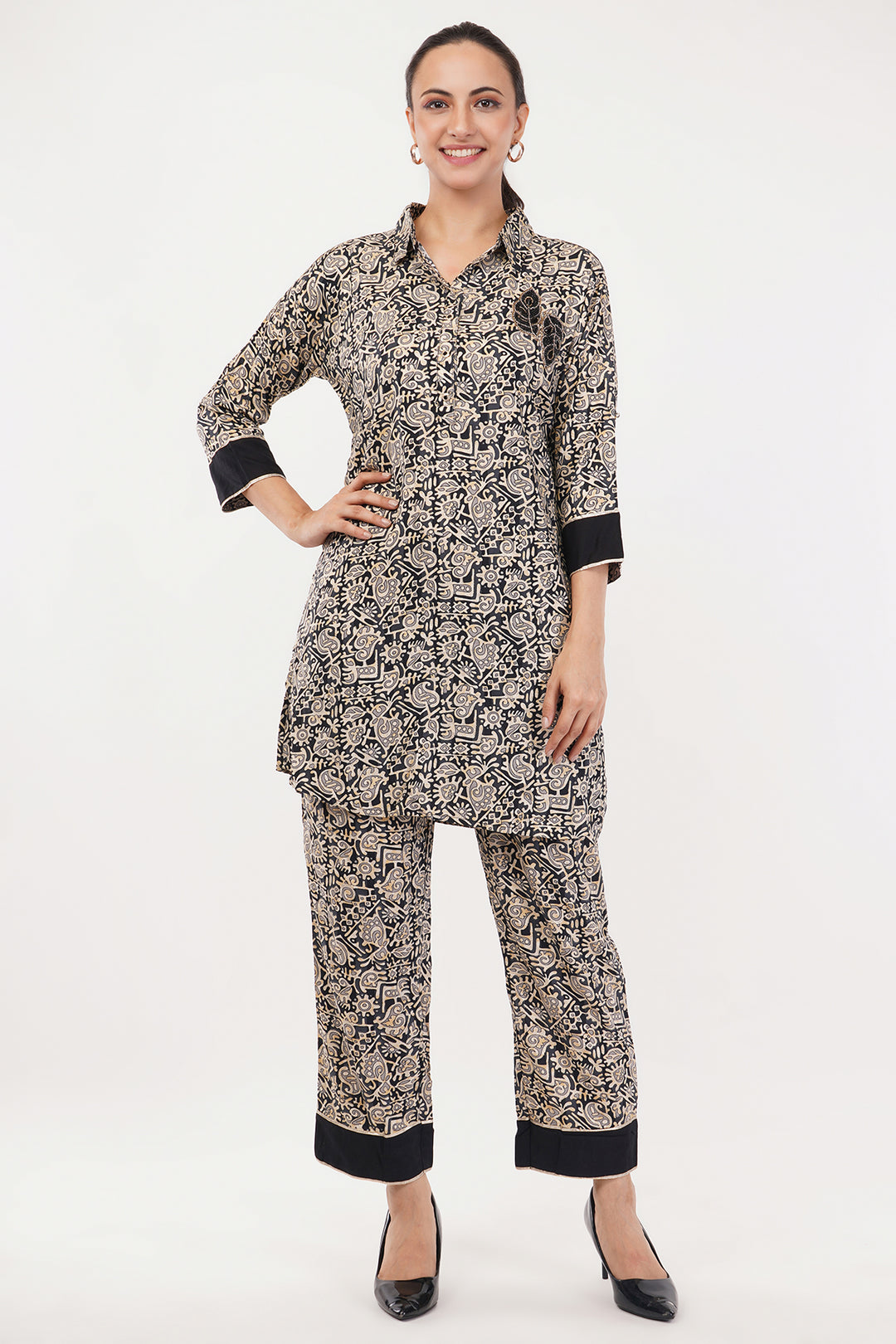 Black Beige geometric cord set with patch work on pocket