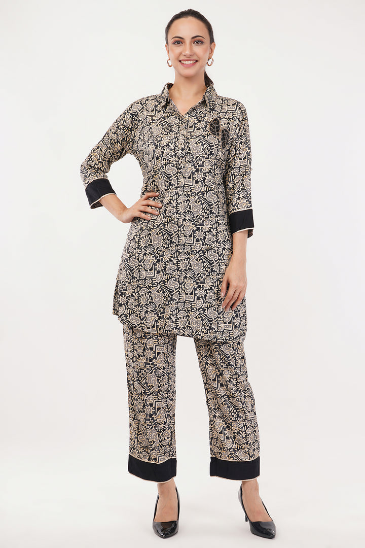 Black Beige geometric cord set with patch work on pocket
