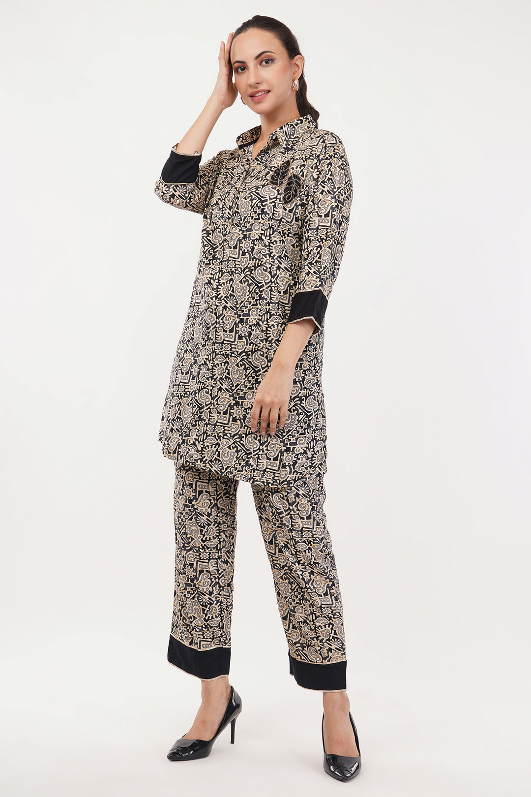 Black Beige geometric cord set with patch work on pocket