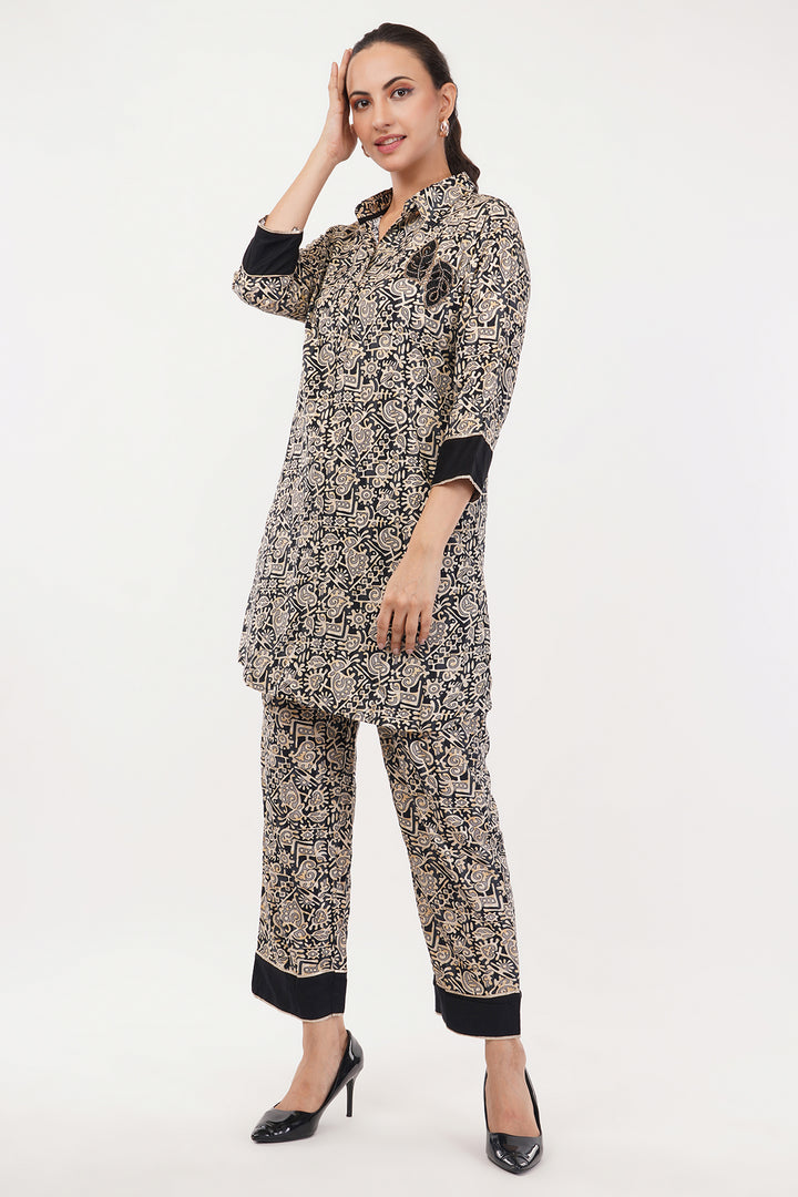 Black Beige geometric cord set with patch work on pocket