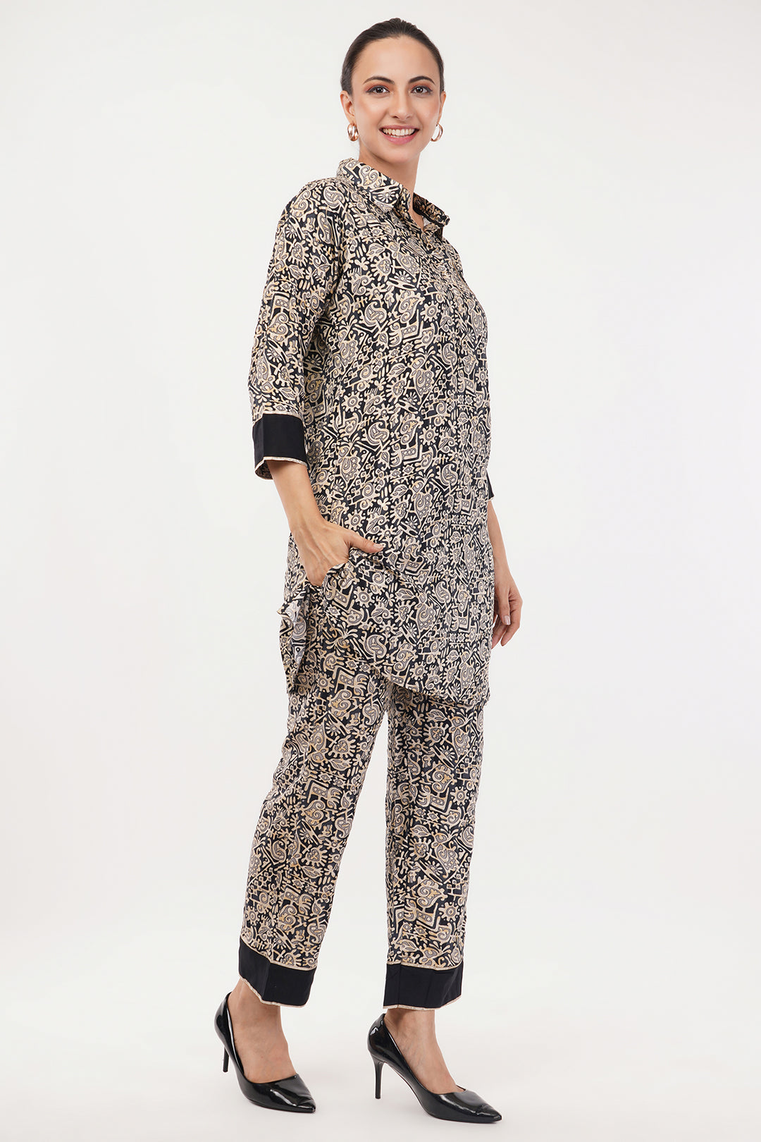 Black Beige geometric cord set with patch work on pocket