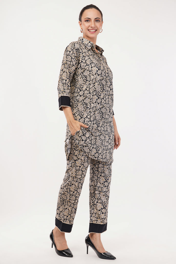 Black Beige geometric cord set with patch work on pocket