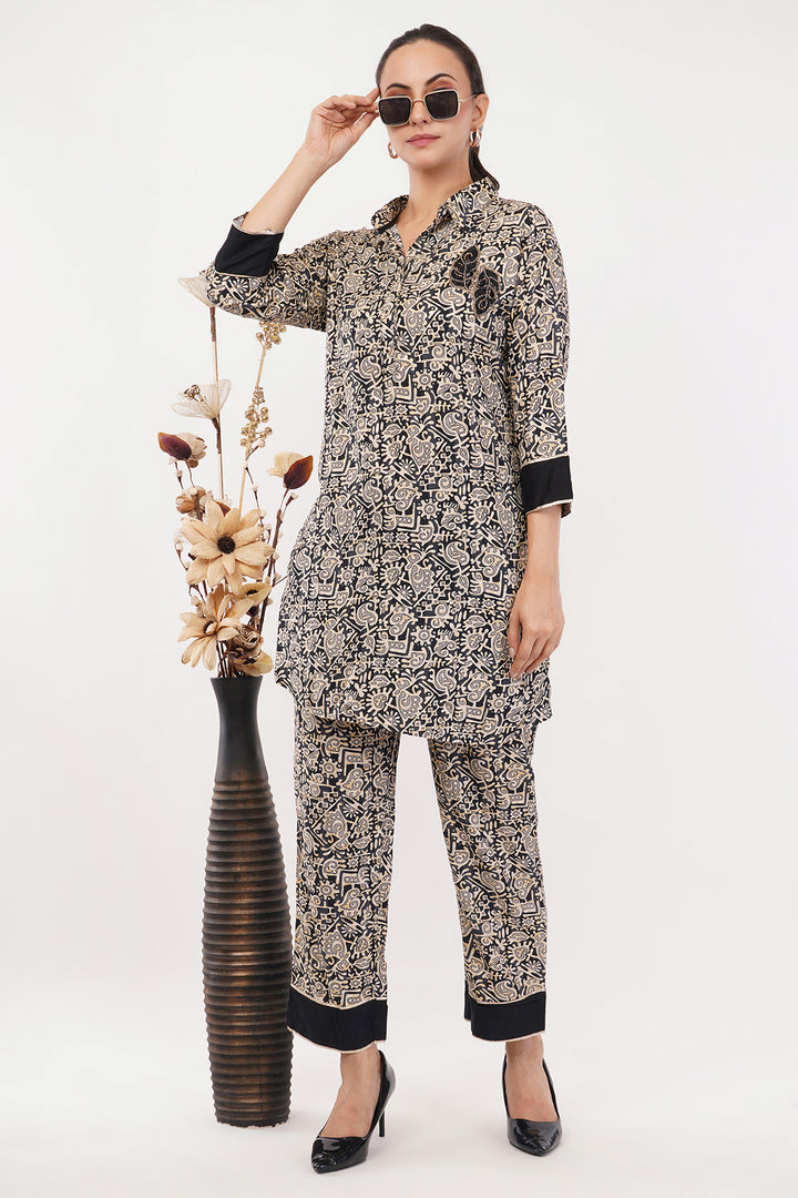Black Beige geometric cord set with patch work on pocket