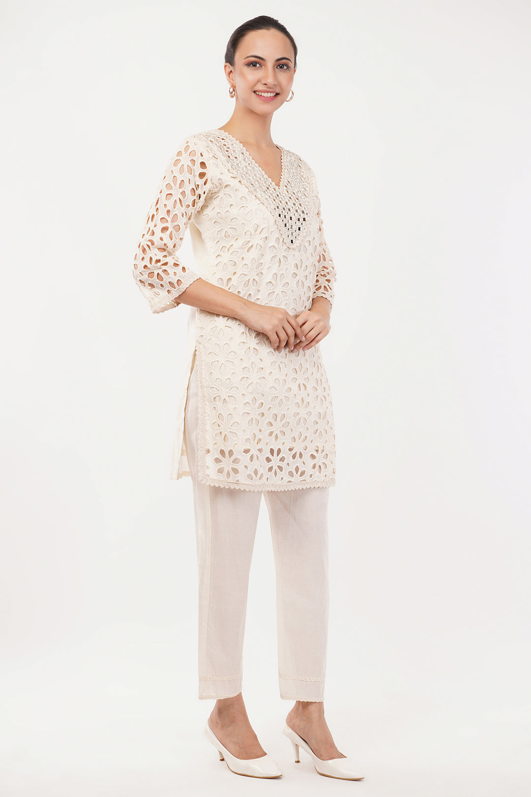 All over cut work mirror cord set fawn 2 pc pant set