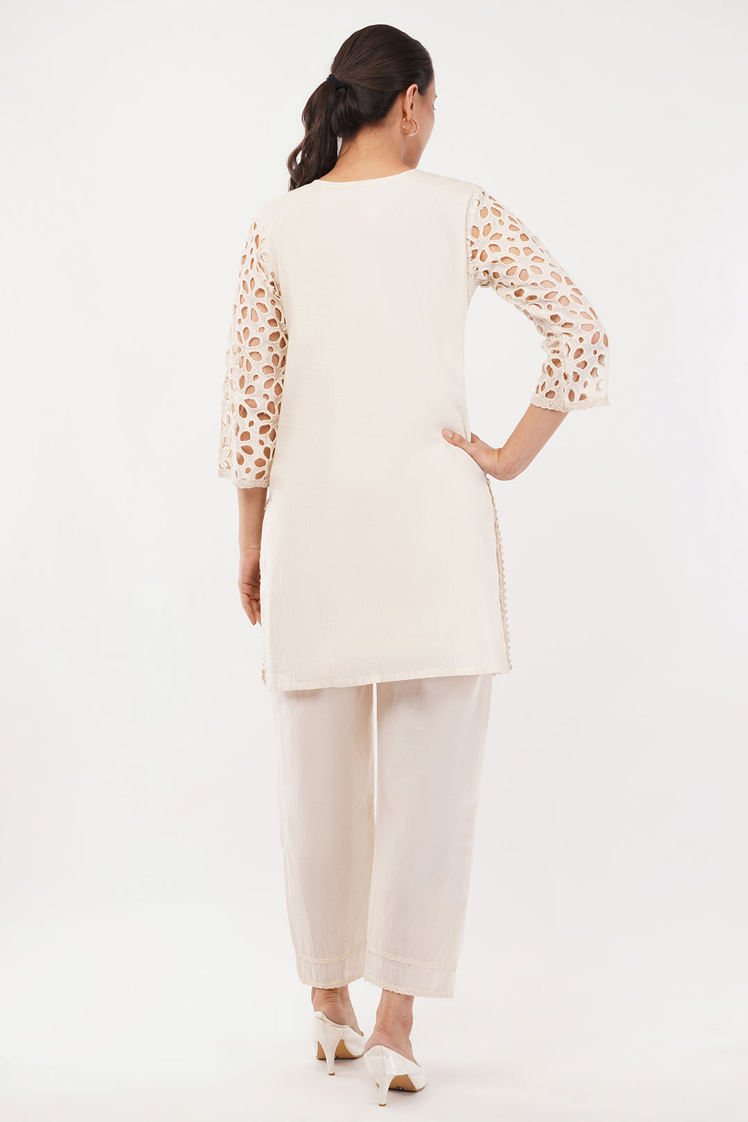 All over cut work mirror cord set fawn 2 pc pant set