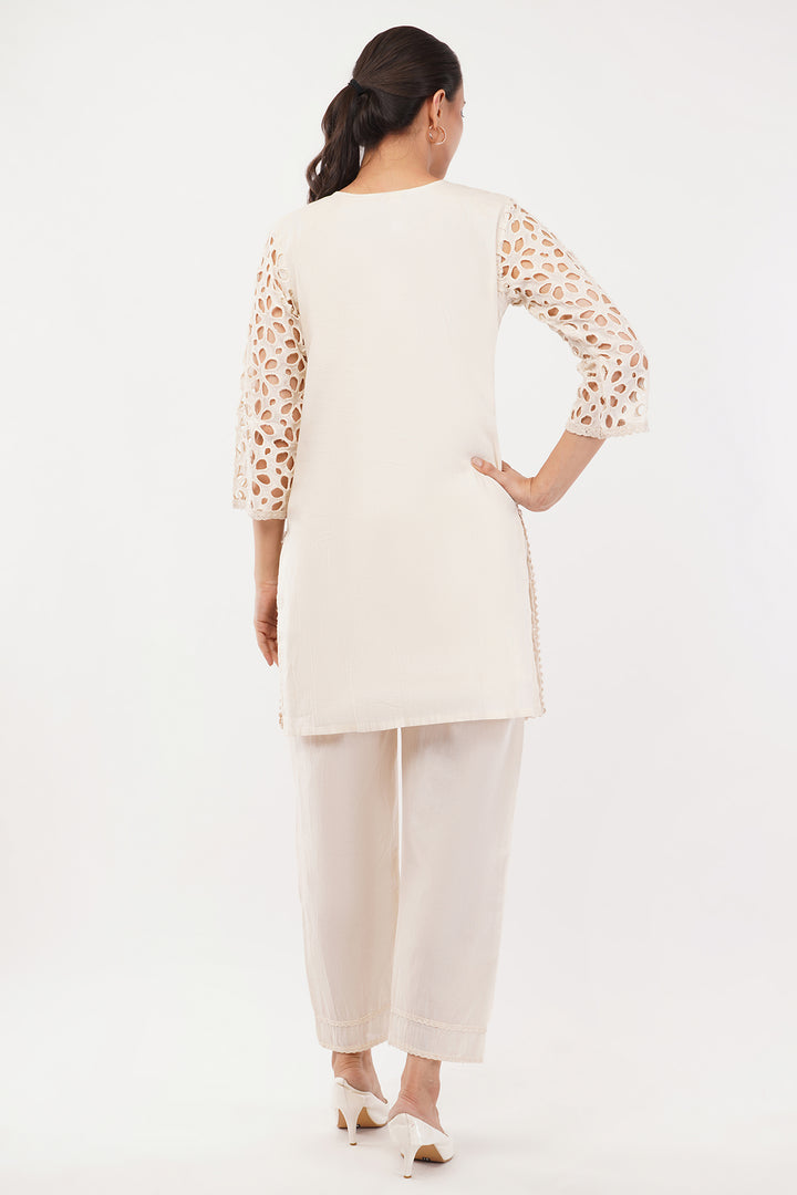 All over cut work mirror cord set fawn 2 pc pant set