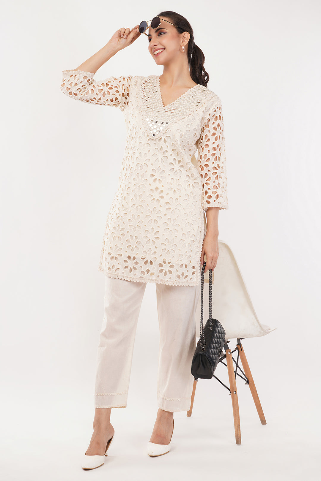 All over cut work mirror cord set fawn 2 pc pant set