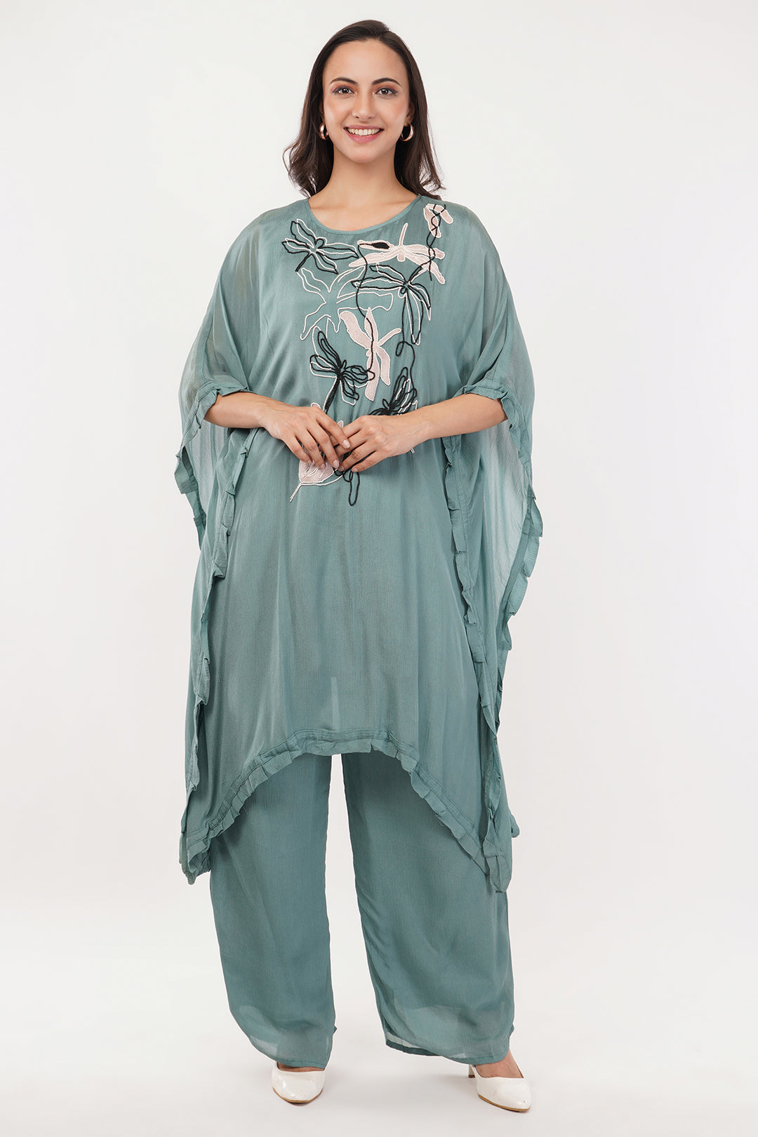 Chinnon crepe kaftan pant set with black and white work
