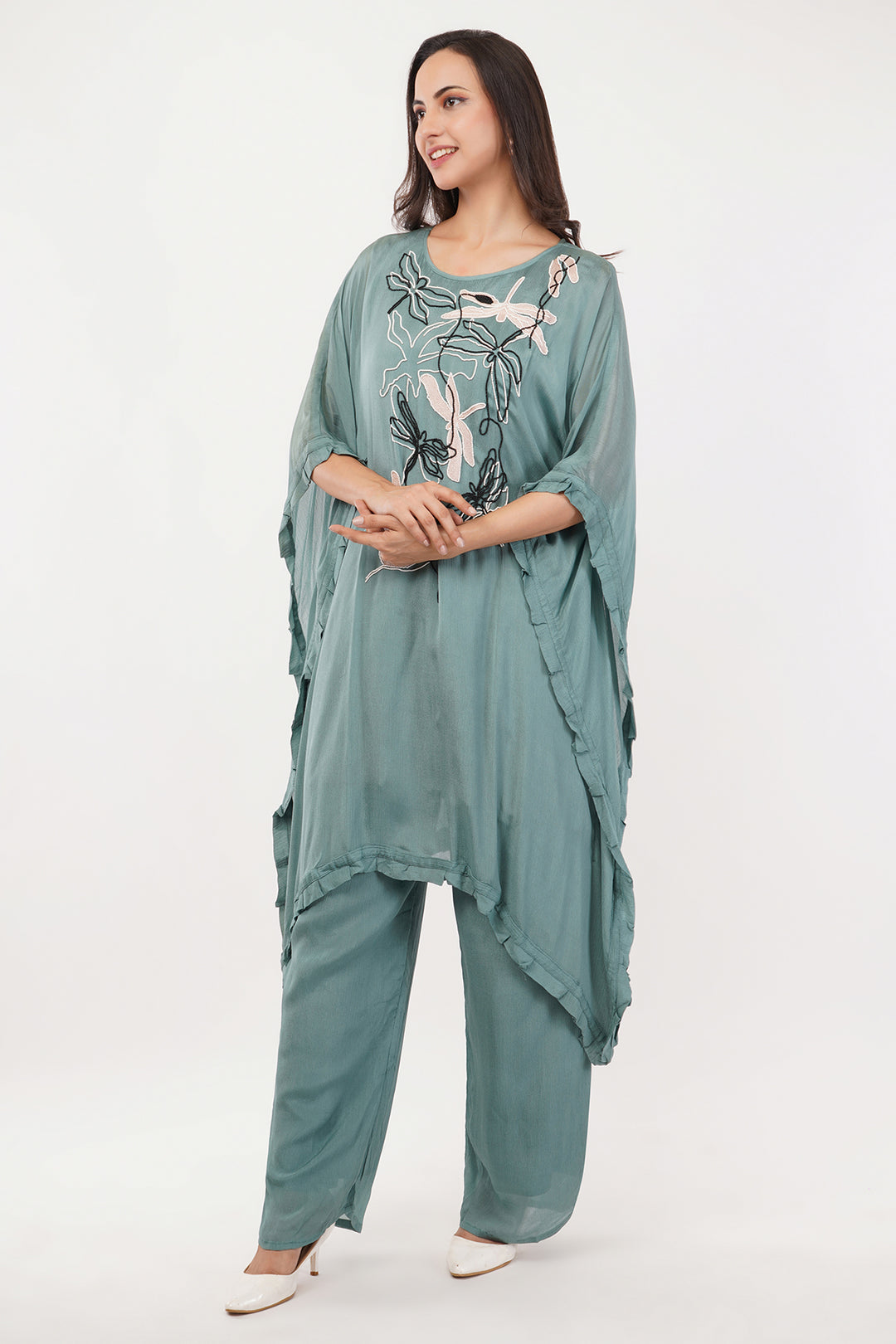 Chinnon crepe kaftan pant set with black and white work