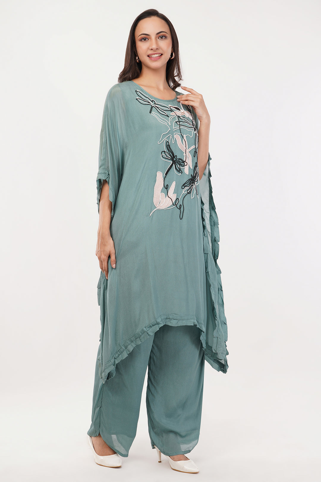 Chinnon crepe kaftan pant set with black and white work