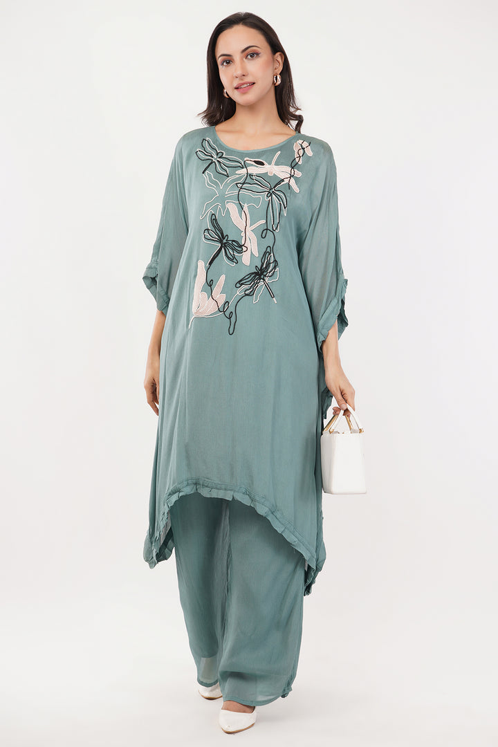Chinnon crepe kaftan pant set with black and white work