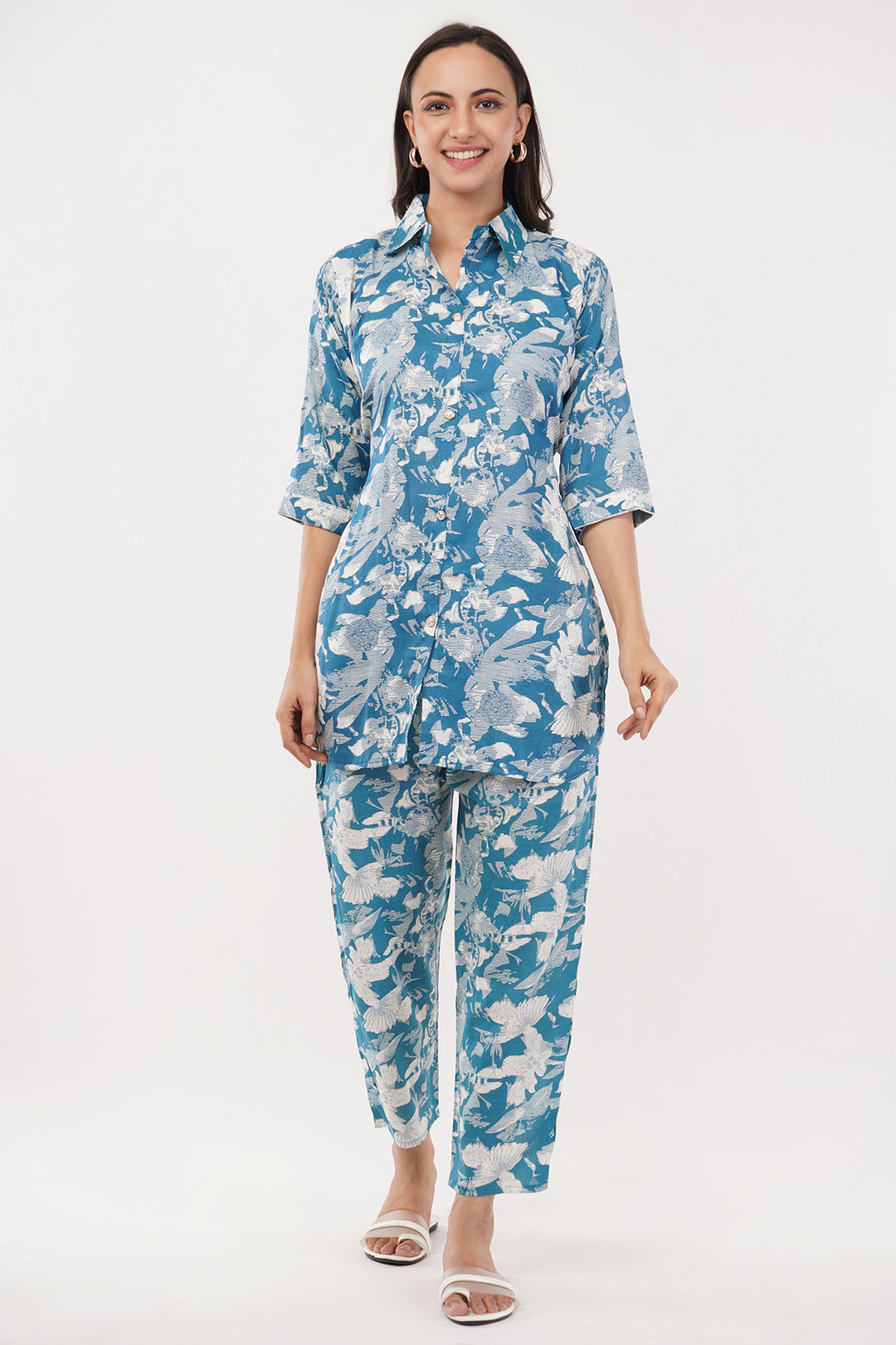comfortable cotton Linen cord sets ink blue print