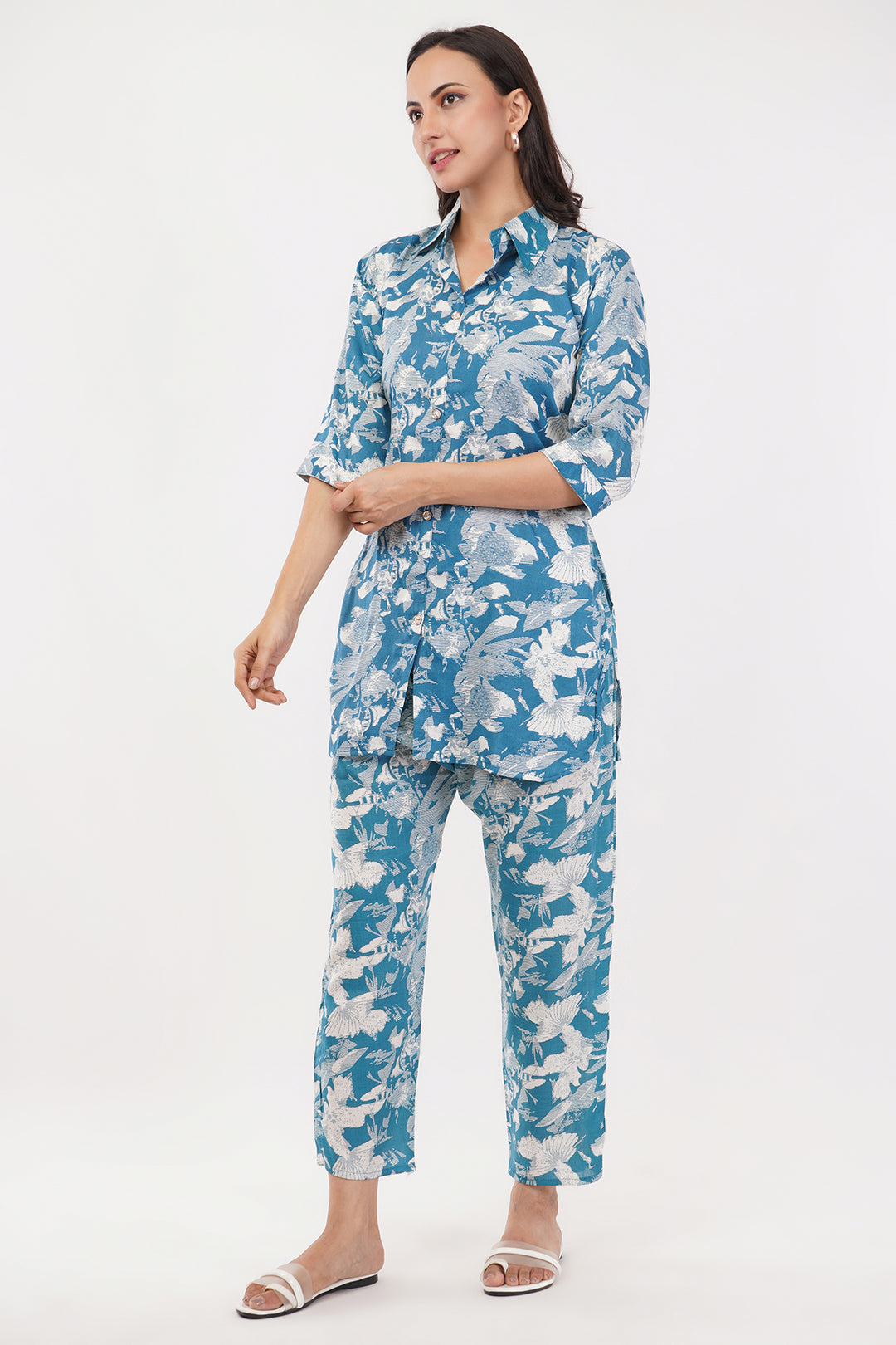 comfortable cotton Linen cord sets ink blue print