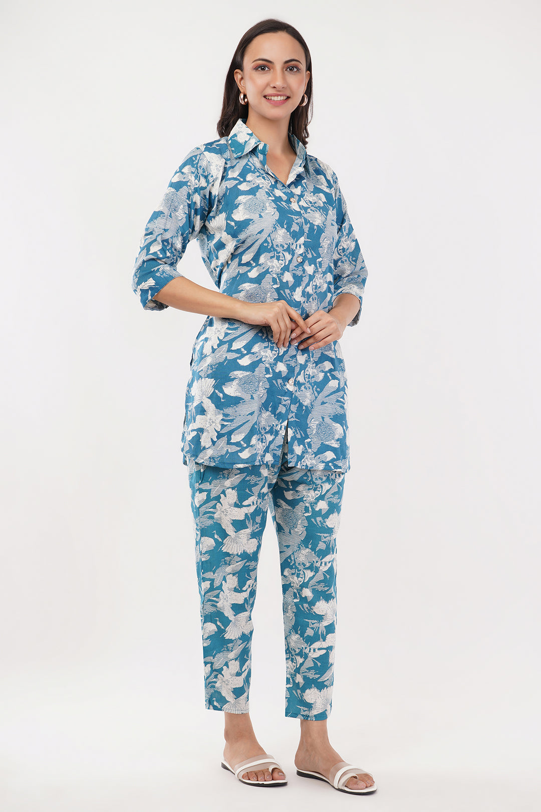 comfortable cotton Linen cord sets ink blue print