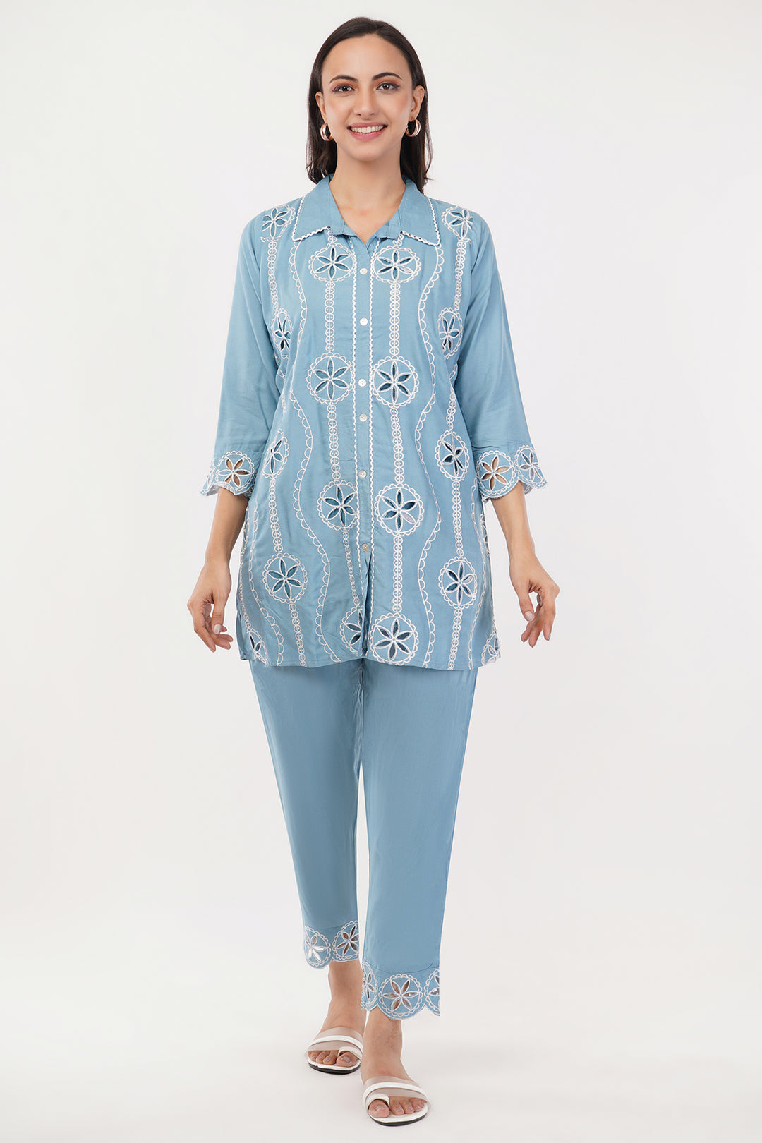 Skyblue cutwork cord set with work on pants