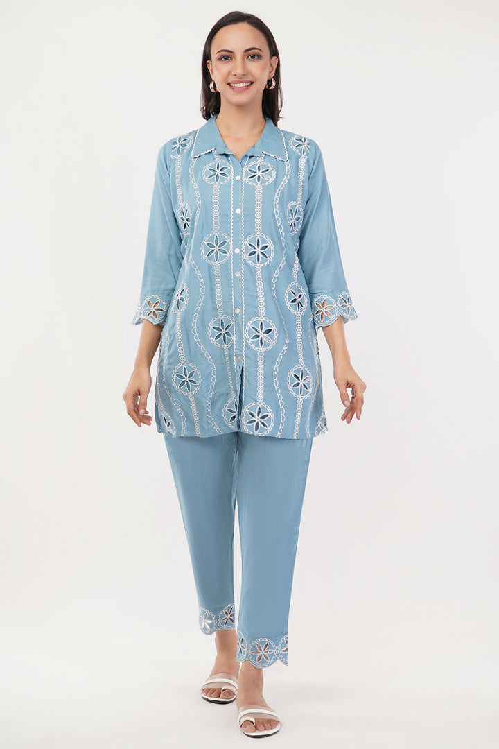 Skyblue cutwork cord set with work on pants