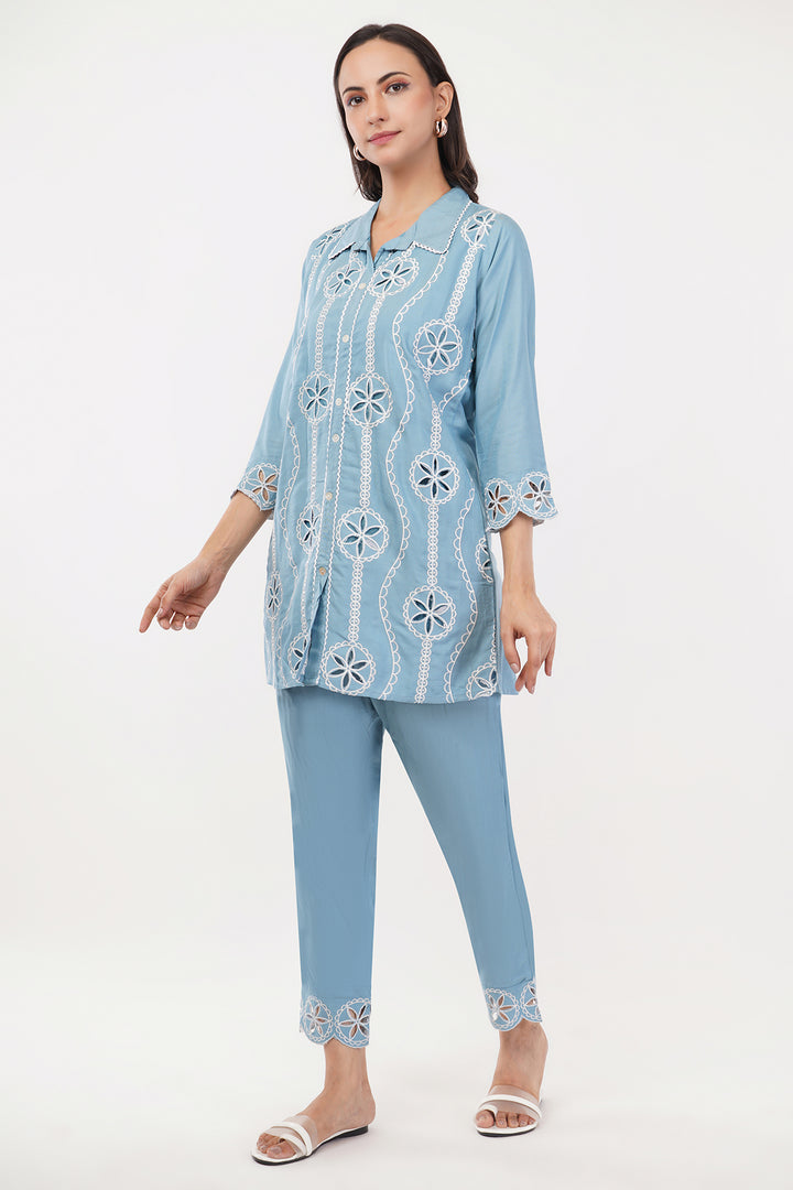 Skyblue cutwork cord set with work on pants