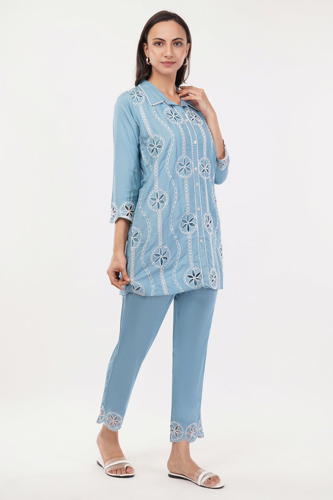 Skyblue cutwork cord set with work on pants