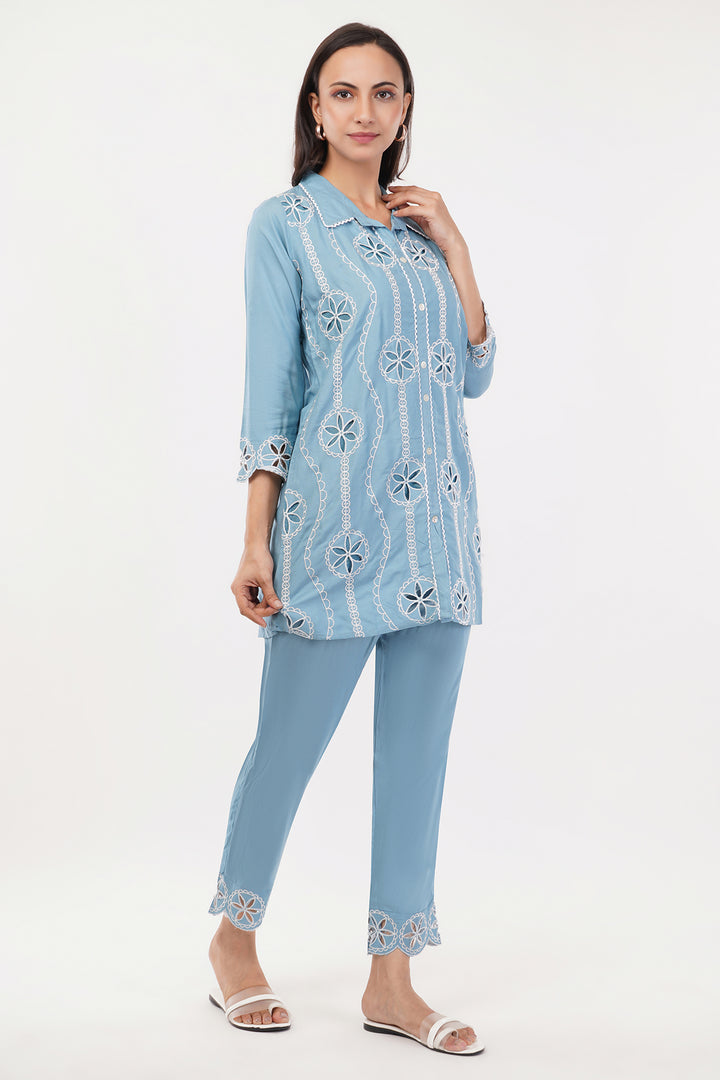 Skyblue cutwork cord set with work on pants