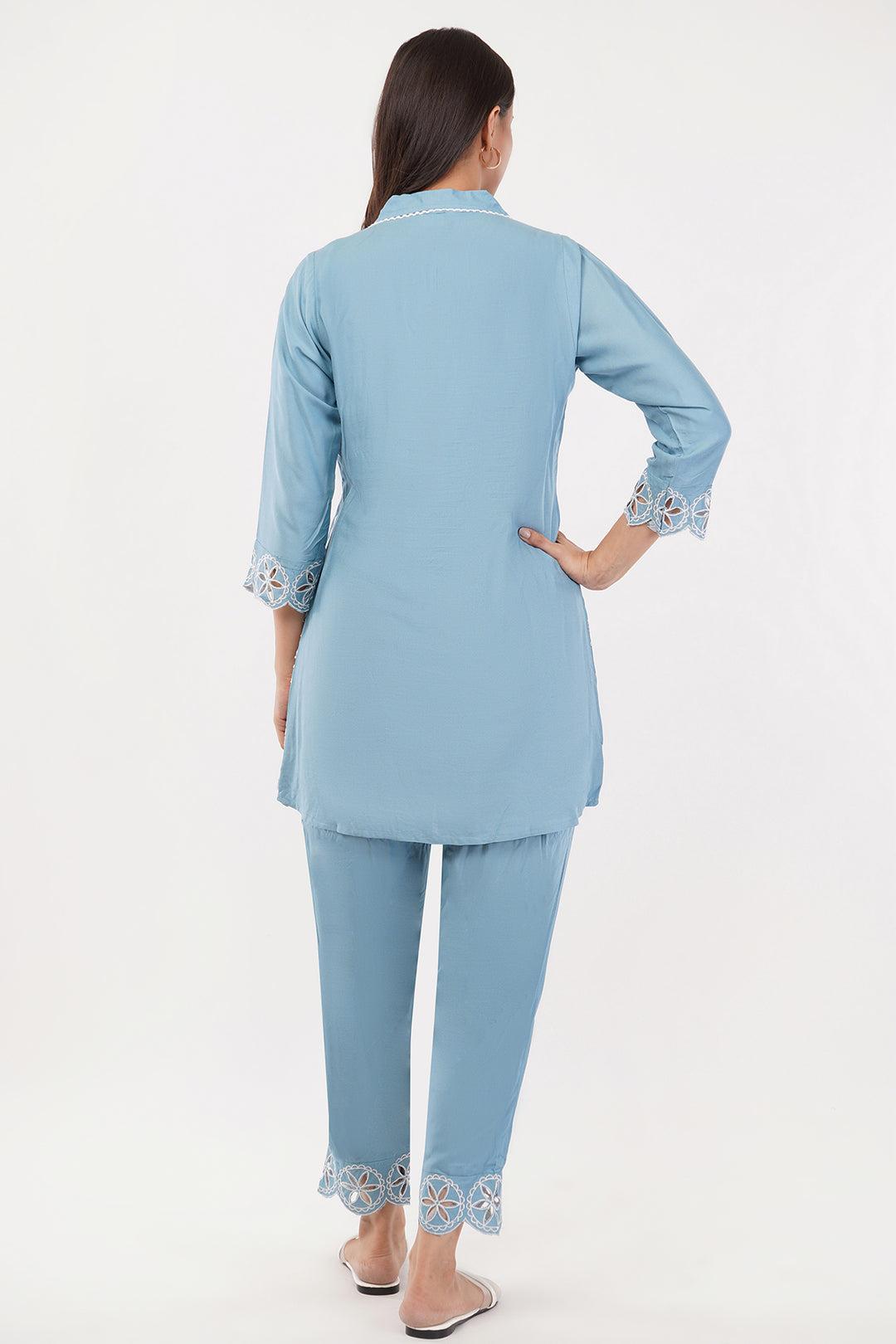 Skyblue cutwork cord set with work on pants