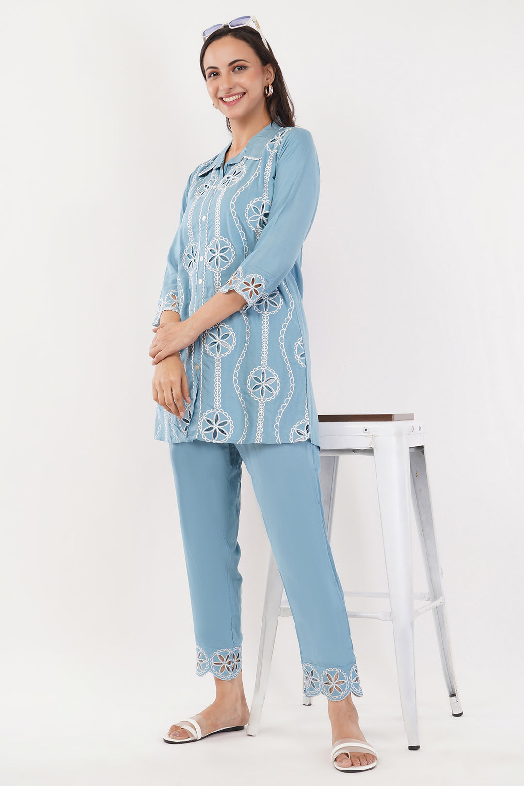 Skyblue cutwork cord set with work on pants