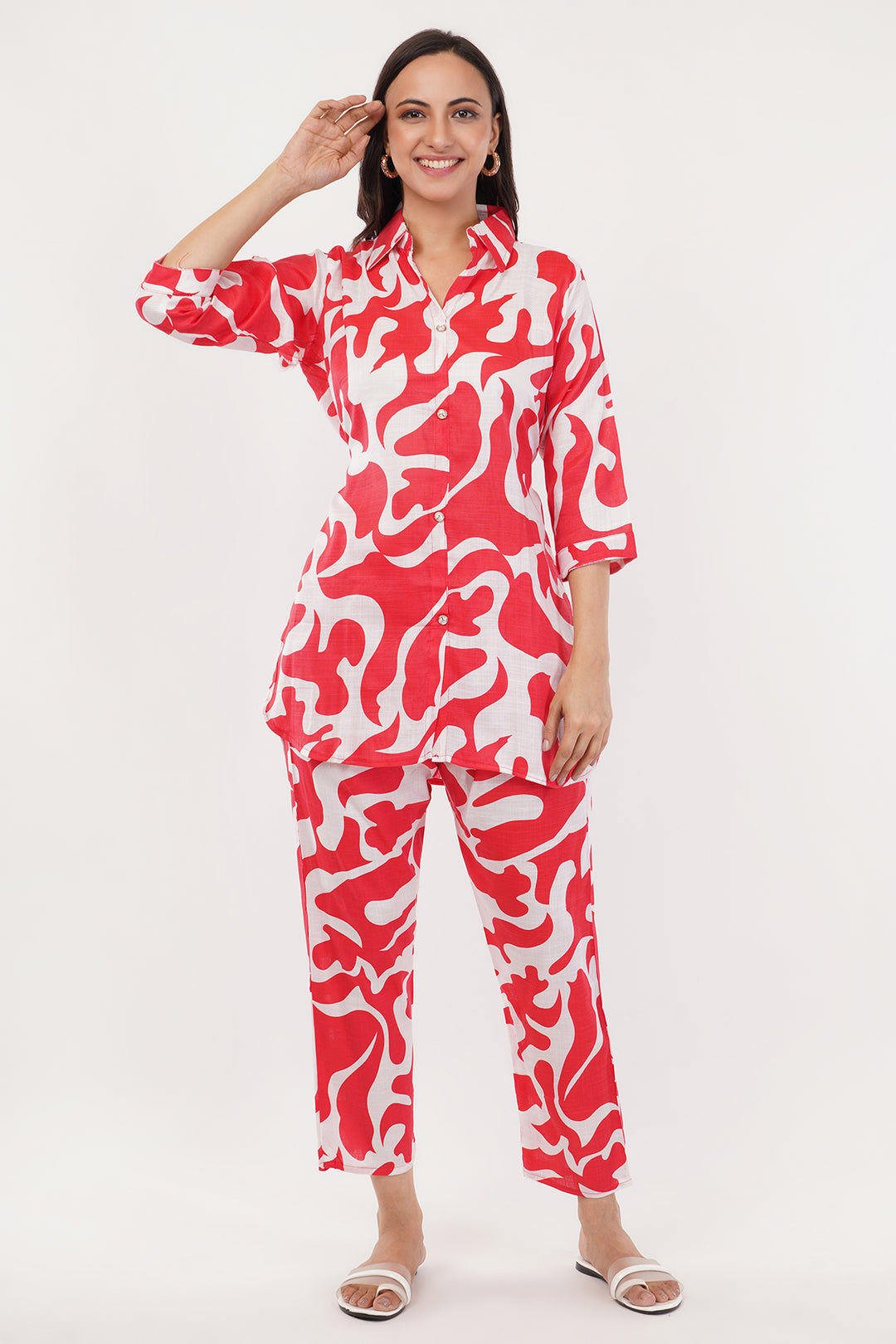 red and white launge wear set cotton
