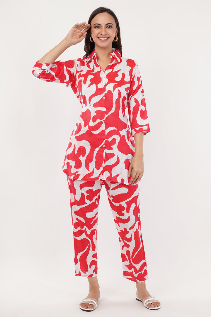 red and white launge wear set cotton