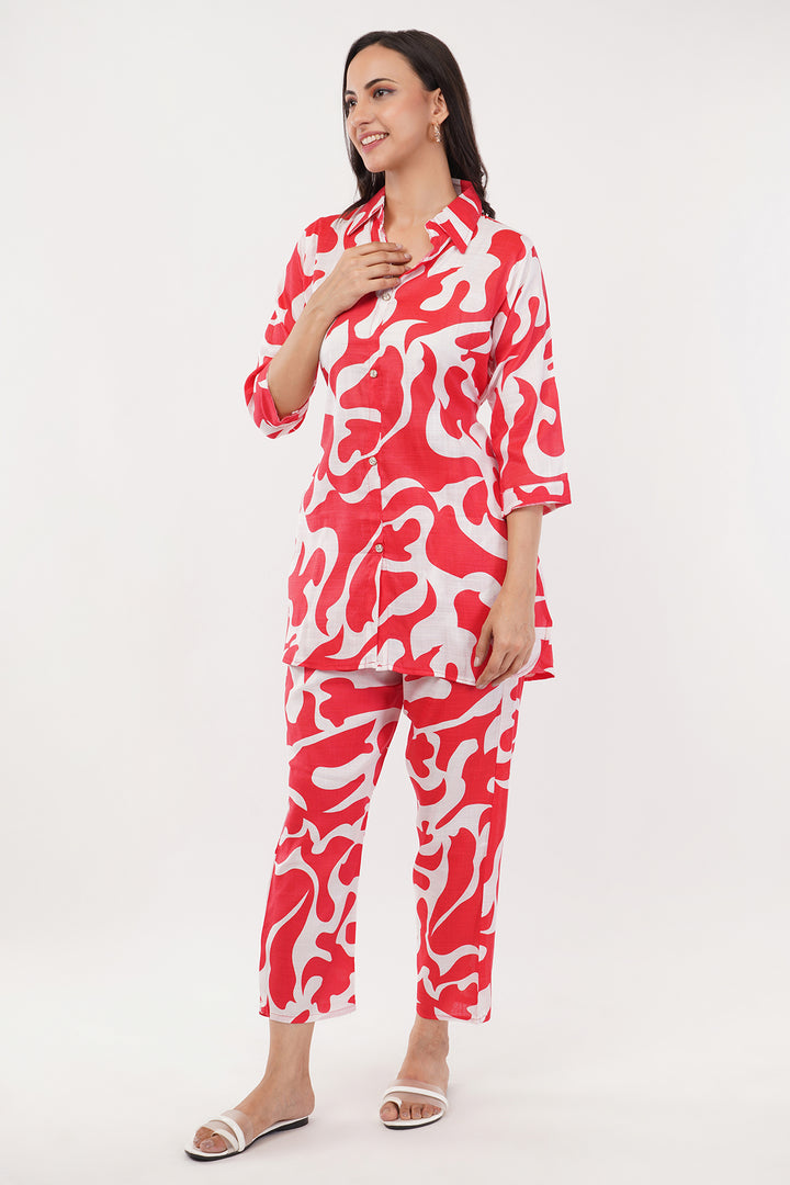 red and white launge wear set cotton